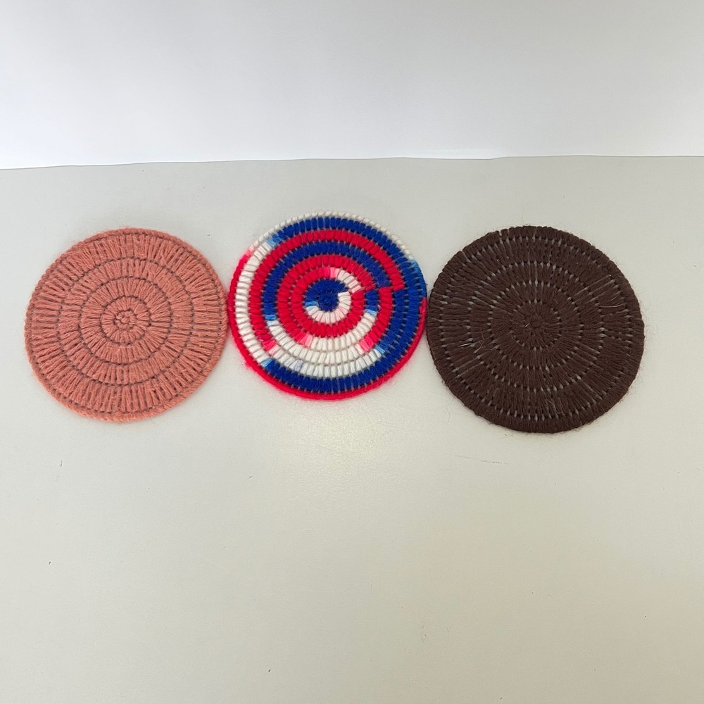 Vintage Handmade Yarn Coasters Set of 3 Woven Boho Pink Brown Red White Blue